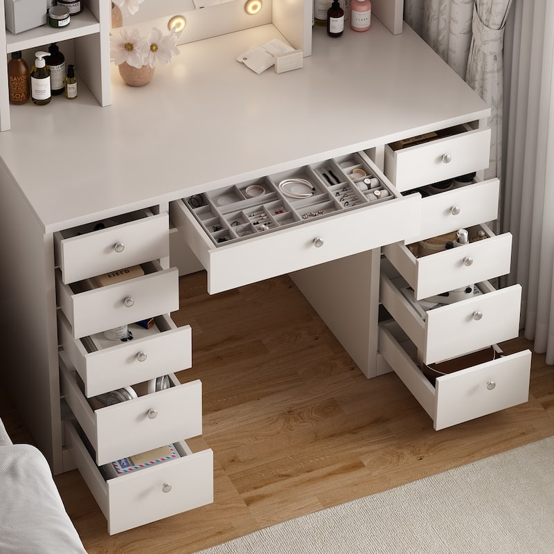 Vanity Desk with LED Lighted Mirror, Vanity Table Set with Drawers and Open Shelves, Makeup Table with 3 Lighting Modes