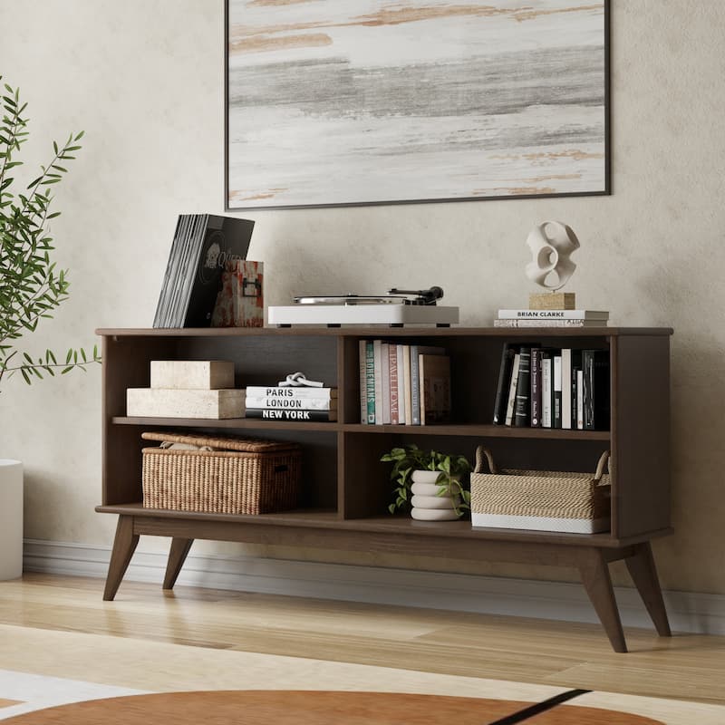 WYNDENHALL Tierney SOLID HARDWOOD 30 x 64 inch Modern Low Bookcase in Teak Brown - 14" d x 64" w x 30" h