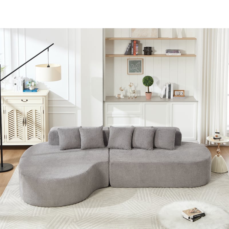 L-Shape Boneless Couch for Living Room, Curved Sectional Sofa Memory Foam Floor Sofa with 5 Pillows - LIGHT GREY