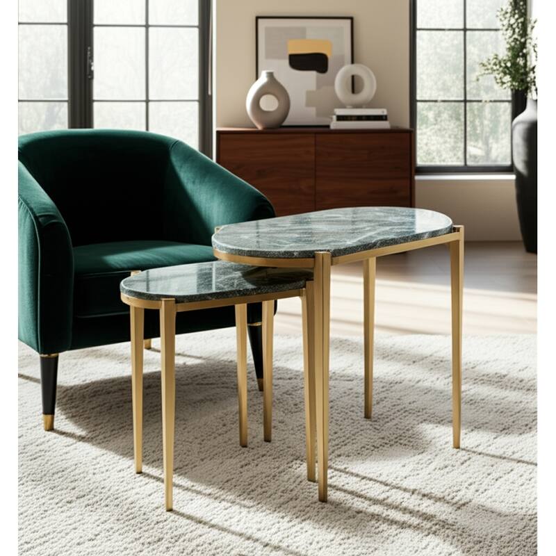 Stone Metal Side Table Modern Slim Base (Set of 2) - 22/24" Black - 24.0" - Marble - 24.0" - Black