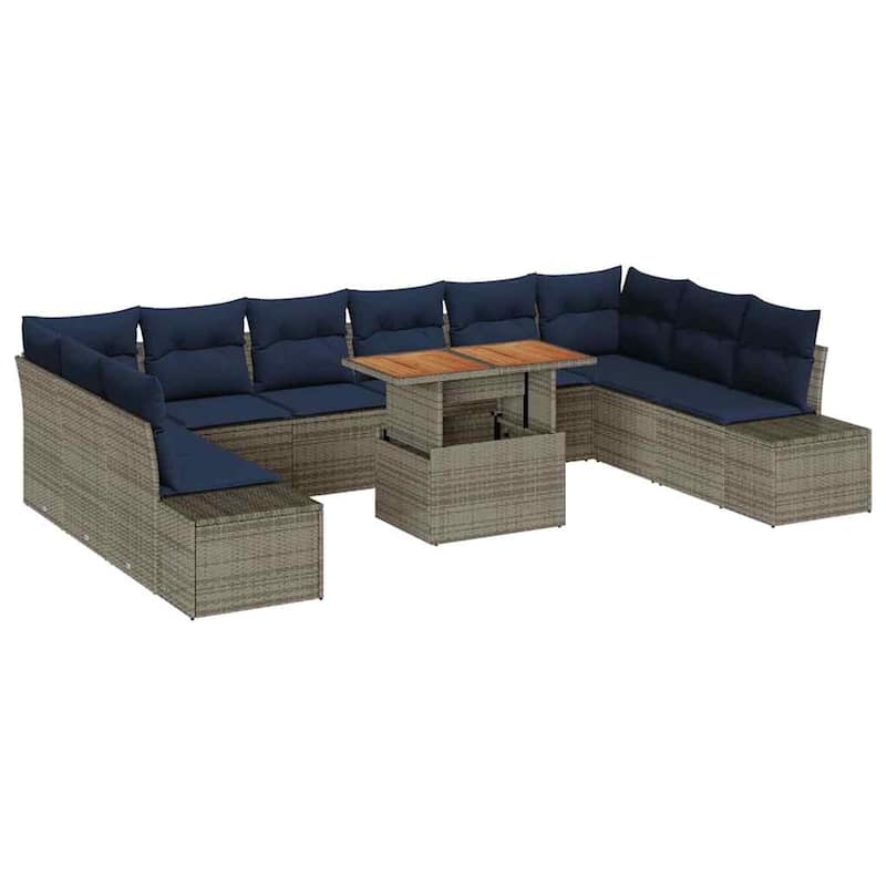 vidaXL 11 Garden Sofa Set with Cushions Black/Grey Poly Rattan - 135.4 x 89.4 x 27.2
