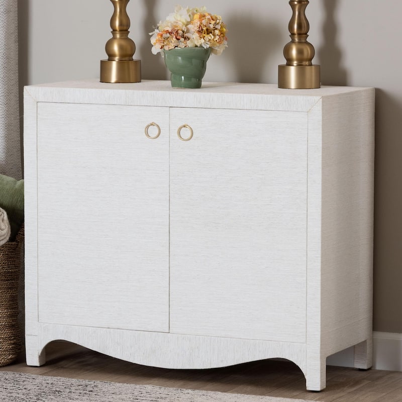 Ximena Grasscloth Storage Cabinet - 2-Door Woven Accent Cabinet with Gold Ring Pulls for Living Room, Bedroom, or Entryway