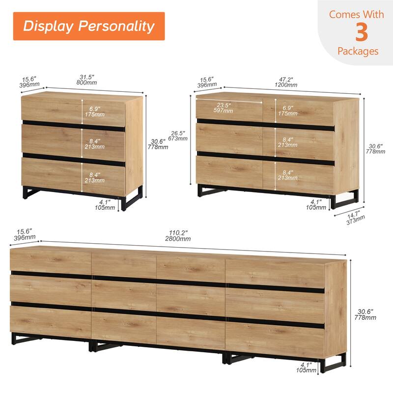 WAMPAT 3 in 1 Multifunctional Dresser with Glass Doors and 5 Drawers, Modern Chest of Drawers for Bedroom
