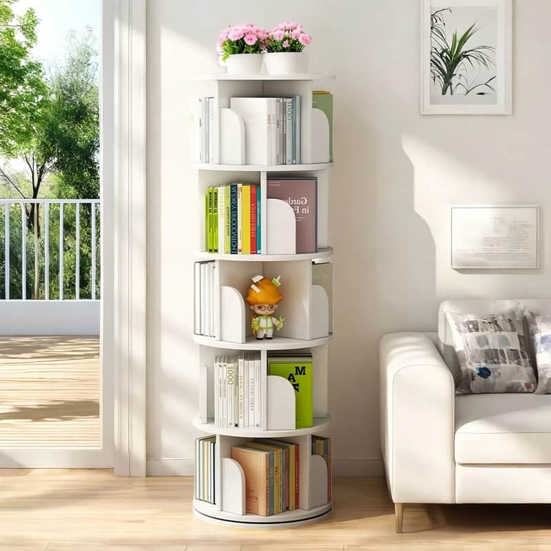Rotating Bookshelf, 360 Display 5 Tier, Floor Standing Bookcase Storage Rack, Wood Narrow Book Shelf Organizer