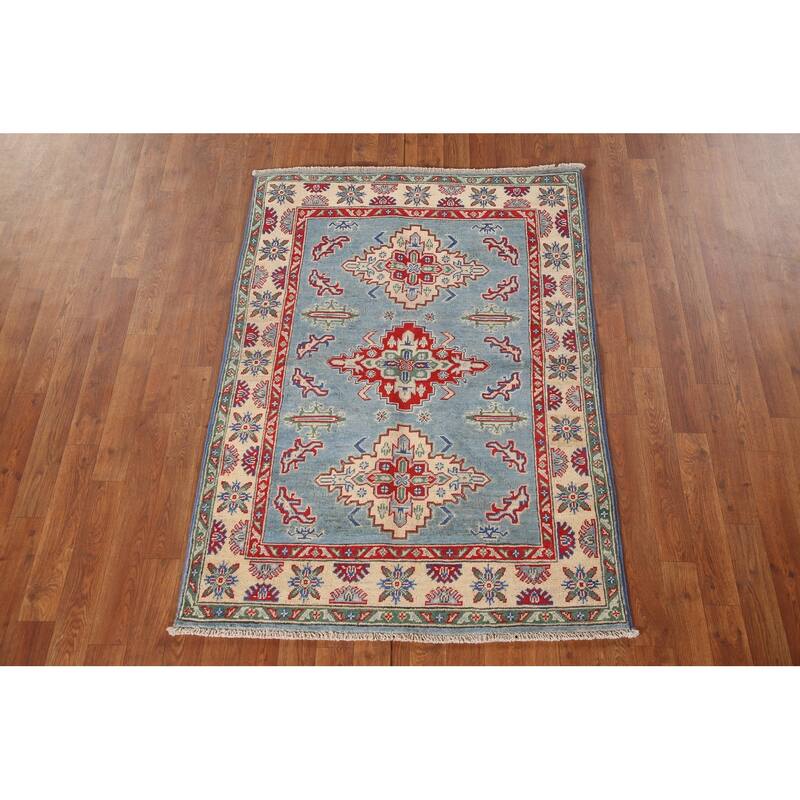 Light Blue Geometric Kazak Oriental Rug Hand-Knotted Wool Carpet - 3'4"x 4'10"