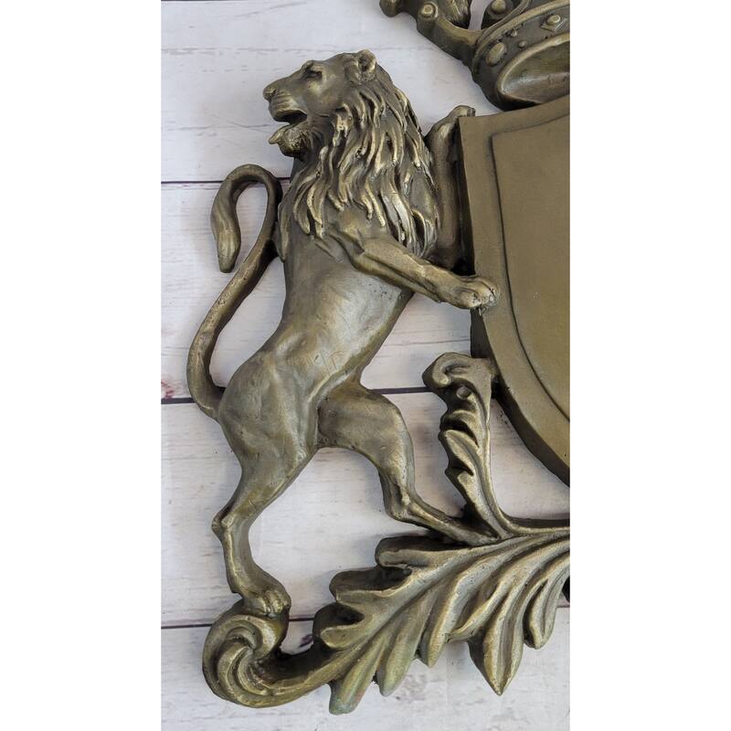 Coat Of Arms Family Crest Lions Crown Bronze Wall Mounted Hanging Sculpture 13 Inches X 16 Inches