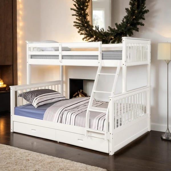 slide 2 of 32, Twin Over Full Bunk Bed with Storage Drawers, White Espresso