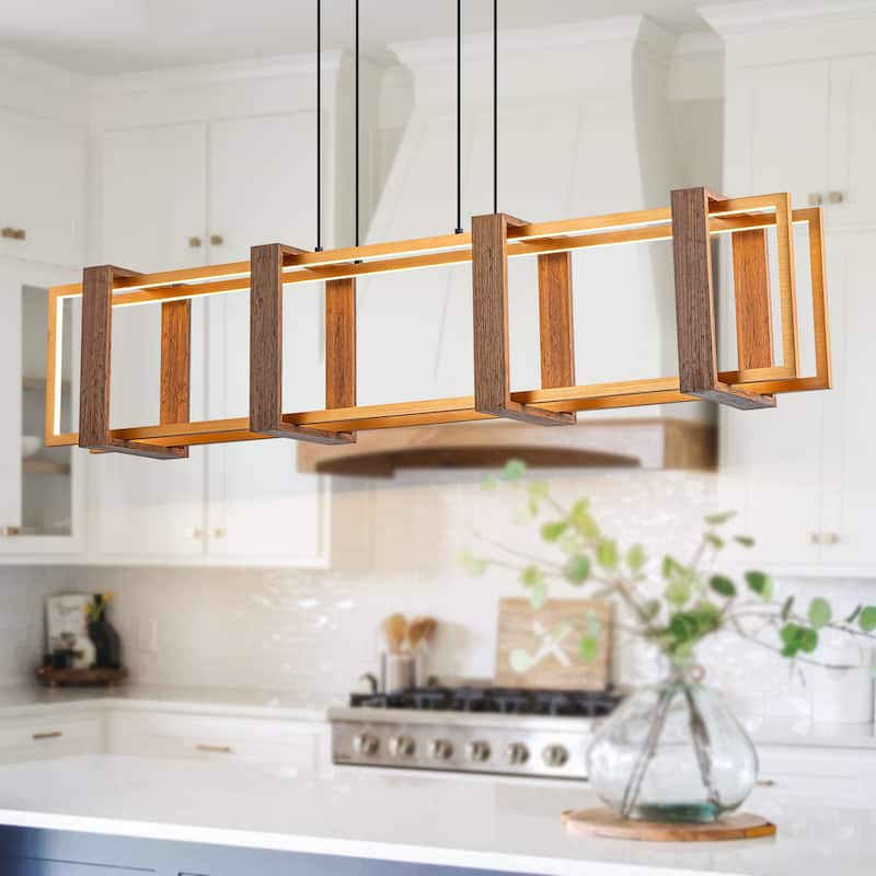 Farmhouse Wood LED Linear Chandeliers Rectangle Pendant Light - W39.4"