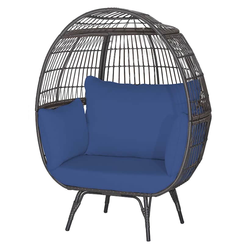 Patio Oversized Rattan Wicker Egg Chair Lounge Basket w/ 4 Cushion - Navy