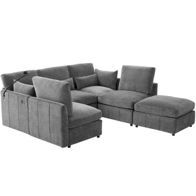 U Shaped Modular Sectional Sofa with Movable Ottoman, Chenille Upholstered 5-Seater Sofa with 2 USB Ports & Phone Holder