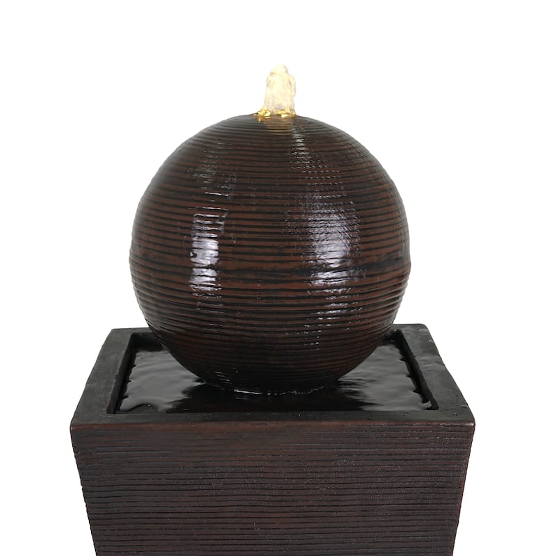 35.5"H Dark Brown Concrete Tall Column Fountain-LED Light Retro Outdoor Oasis, Durable Decor Feature