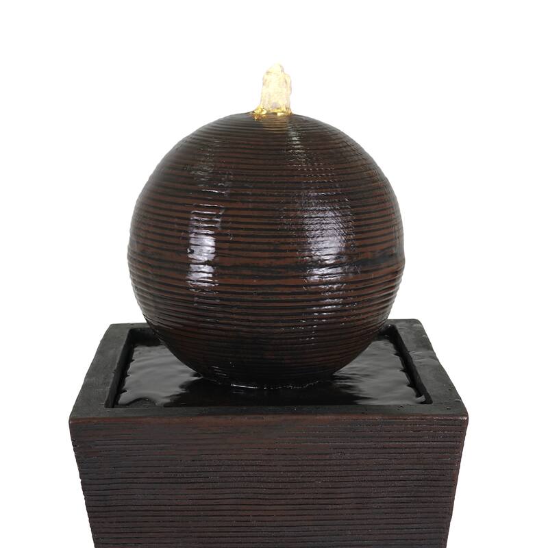 Roomfitters 35.5-Inch Tall Column Outdoor Fountain with Sphere Topper and LED Lights, Concrete Retro Garden Oasis, Dark Brown