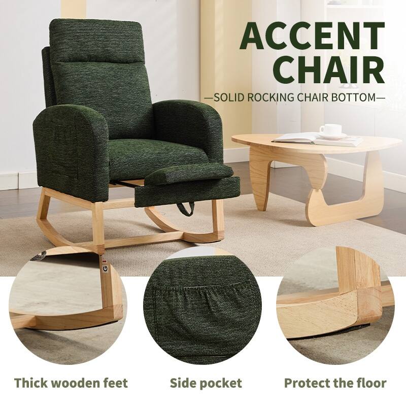Rocking Chair with Wood Legs, Upholstered Nursery Glider Rocker, Comfy Armchair with Side Pocket, Living Room Lounge Arm Chair
