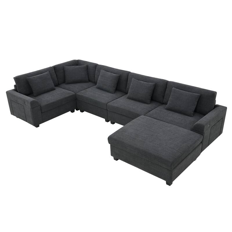U Shaped Sectional Sofa with Ottoman, Chenille 6 Seater Sofa with Hidden Armrest Storage, Cup Holders & USB Charging Ports