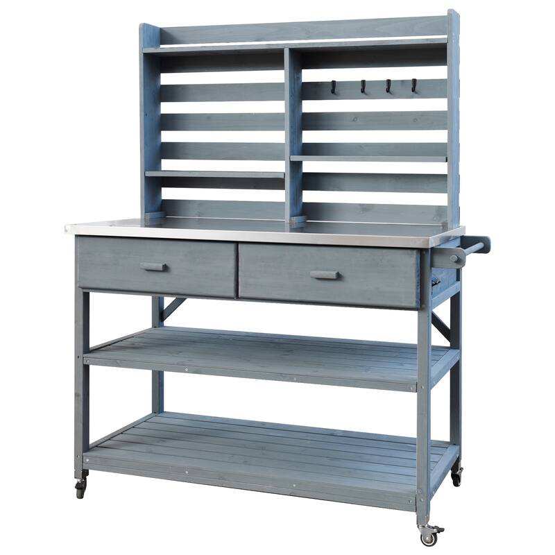 64.9"H Outdoor Potting Table with Lockable Wheels,Solid Wood Kitchen Island with Upper Hutch,Stainless Steel Top,Towel Rack