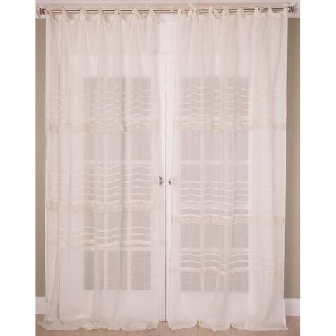 Pure Linen Sheer with Lacework Embroidery, Tie Top Header - Single Curtain Panel