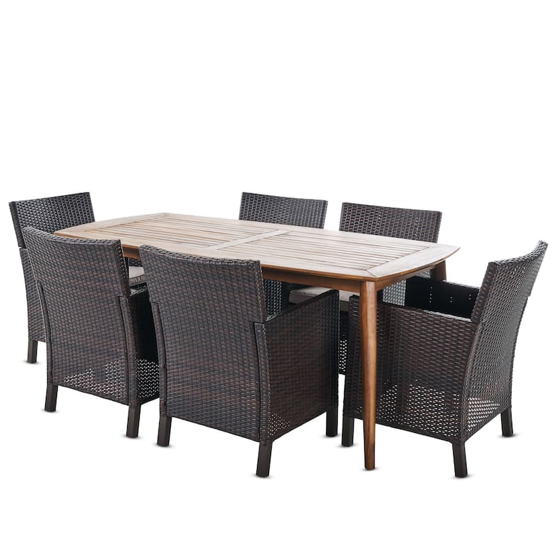 Reese Outdoor 7-piece Rectangular Wicker Wood Dining Set with Cushions by Christopher Knight Home - Brown
