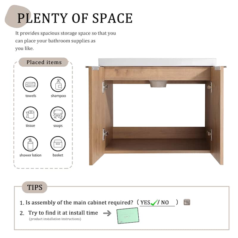 BNK 24"/30"/36" Single Sink Bathroom Vanity with Soft Close Door, Modern Floating Vanity