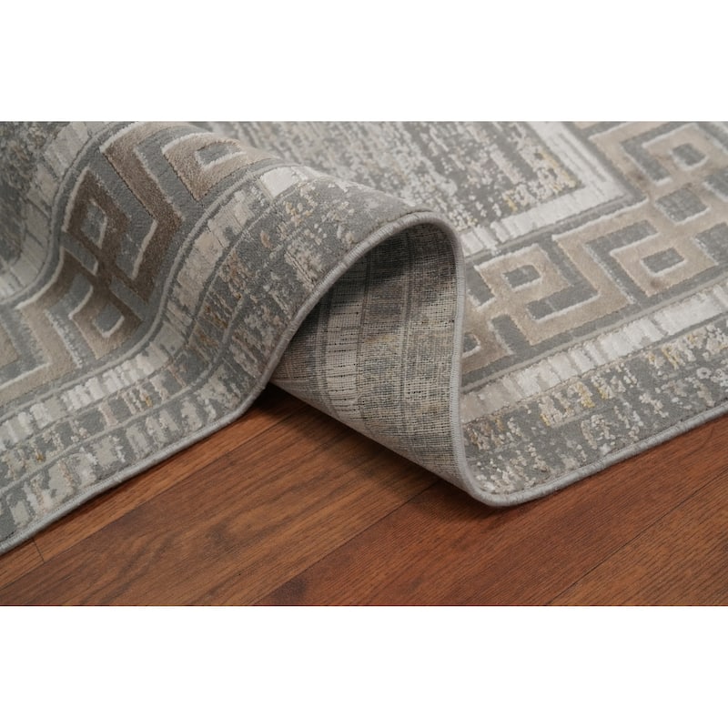 Machine Made Oriental Polyester Carpet Abstract Greys & Charcoal Distressed Area Rug - 7' 5'' X 5' 2''