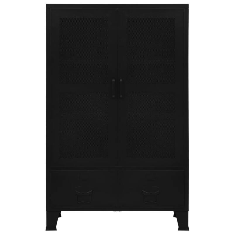 Miry Tall Office Cabinet, 2 Drawers w 2 Mesh Front Doors, Black Steel
