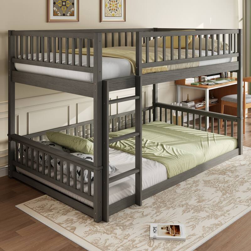 GDFStudio - Solid Wood Queen over Queen Bunk Bed with Ladder & Guardrails