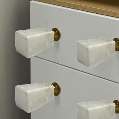 HomeRoots Set of Six White Stone Square Cylindrical Drawer Pull Knobs - 5.10 in. x 6.00 in. x 1.00 in.