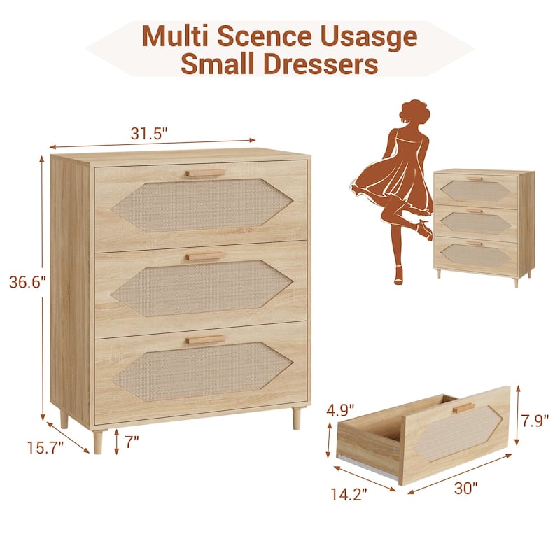 3 Drawer Rattan Dresser for Bedroom, Modern Wood Chest of Drawers with Rattan Accents