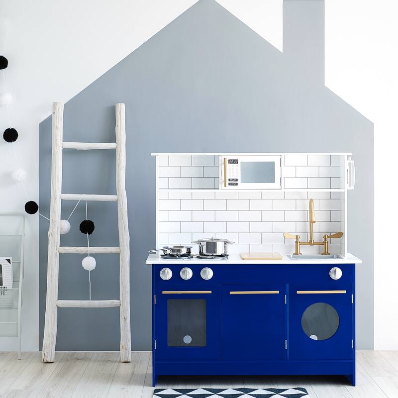 Teamson Kids - Little Chef Berlin Modern Play Kitchen - White / Blue - 34.02" L x 11.73" W x 37.24" H