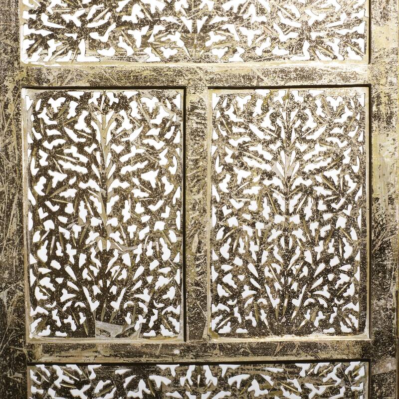 Gold Wooden Handmade Foldable Partition 4 Panel Floral Partition Room Divider Screen with Carved Designs