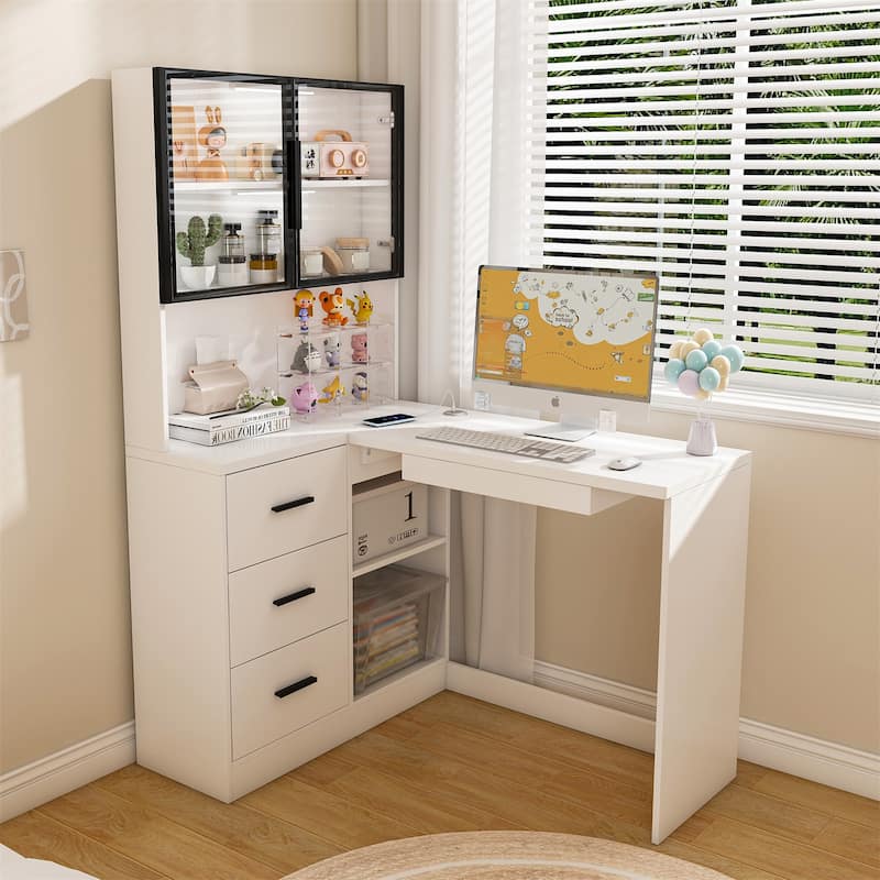 Corner L-Shaped Computer Desk with Built-In LED Lights & USB Charging Ports
