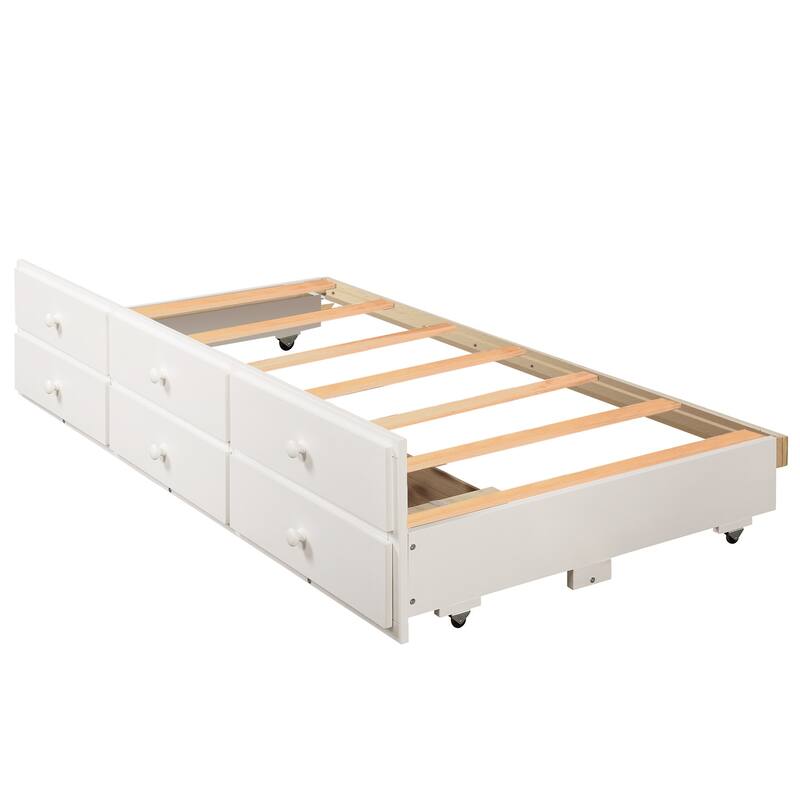 Twin Over Twin Bunk Bed with Trundle and Drawers, White, for Teens and Guest Rooms