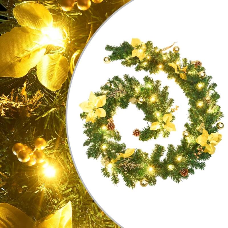 vidaXL Christmas Garland Holiday Artificial Xmas Garland with LED Lights PVC - 8.9' - Green and gold