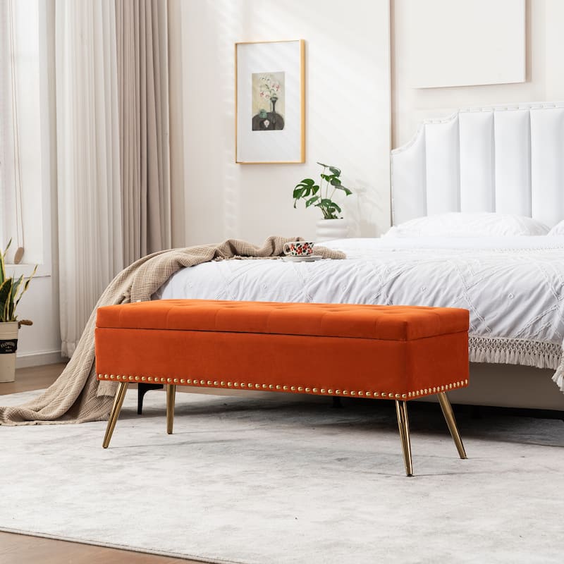 Velvet Storage Ottoman Bench with gold legs and Nailhead Trim for Bedroom/End of Bed/Entryway/Window
