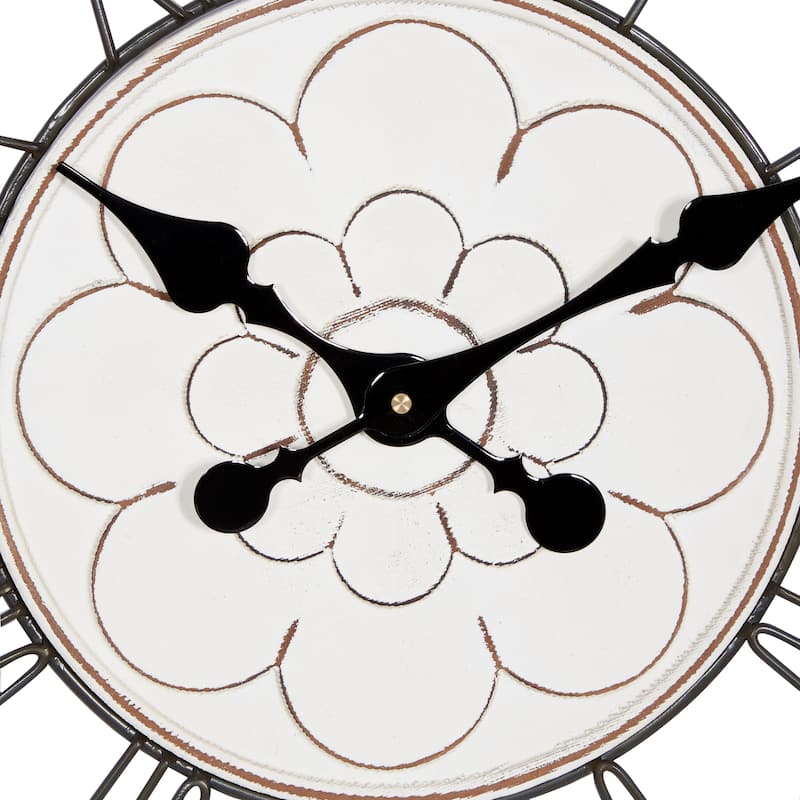 Wooden Floral Carved Wall Clock with Black Metal Accents - White - Roche River Decor - 2"W x 32"L x 32"H