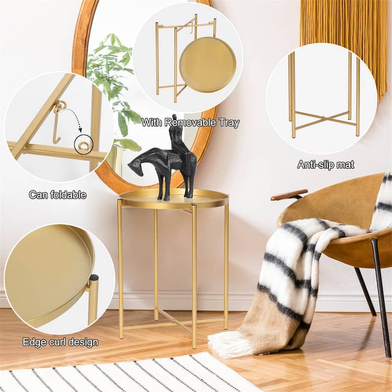 Adeco Gold End Table Metal Waterproof Snack Beside Table Accent Coffee Table - 16.9""(D)x 16.9""(W)x 20.5""(H)