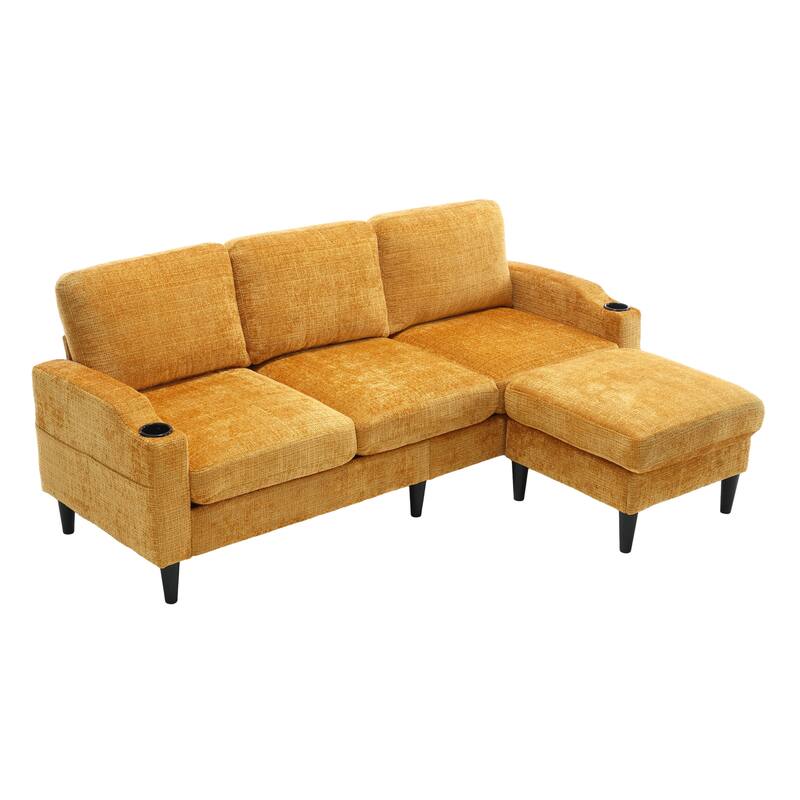 Modular Sectional Sofa with Storage Ottoman, Comfy Chenille Fabric Sofa, 3-Seater Sofa with Side Pockets & 2 Cup Holders