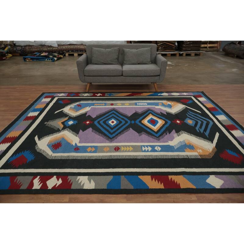 Hand Woven Oriental 100% Wool Carpet Southwestern Tribal Black Kilim Area Rug - 10' 2'' X 8' 6''