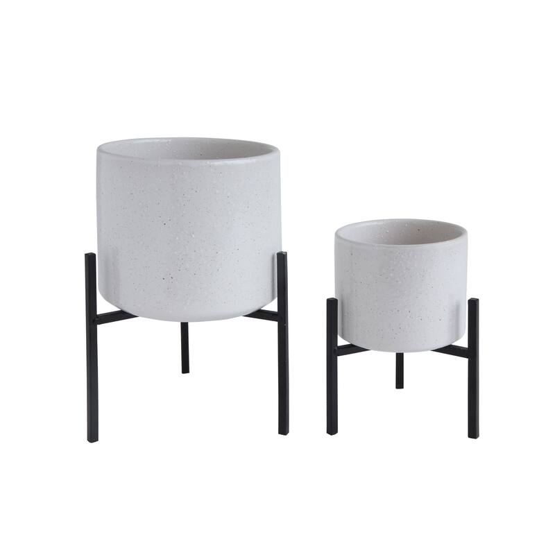 White Stoneware Flower Pot with Black Metal Stand
