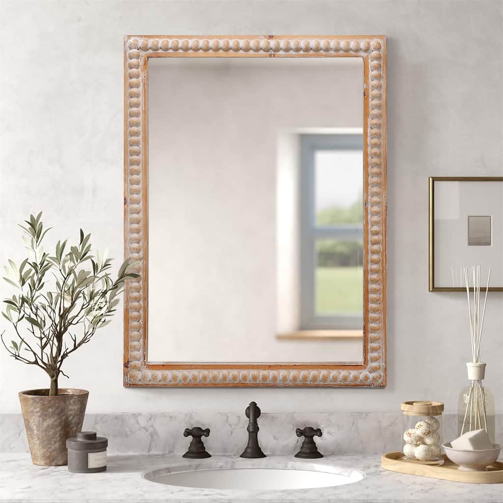 Wooden Frame Farmhouse Wall Mirror Rectangle Mirror for Vanity w/ Beadin