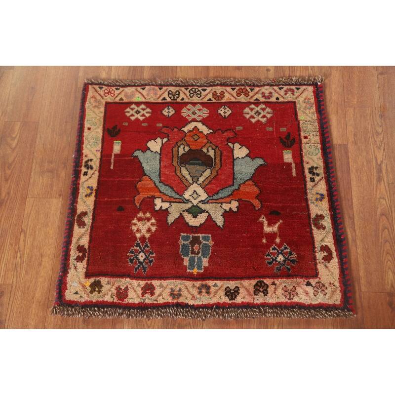 Geometric Red Shiraz Persian Vintage Square Rug Handmade Wool Carpet - 2'0" x 1'10"