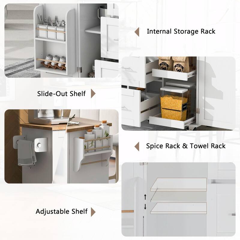 Rolling Kitchen Island with Rubber Wood Top, Drawers, Shelves, Internal Storage, Wheels, Spice & Towel Racks