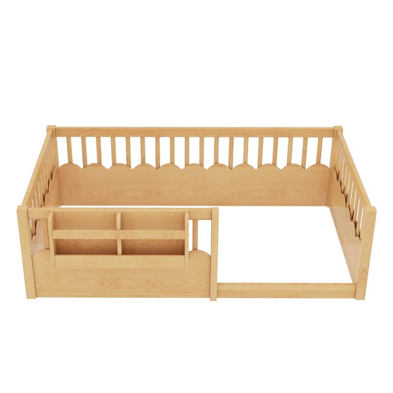 Roomfitters Floor Bed with Bookshelf and Heightened Fence, Solid Wood Frame with Guardrails
