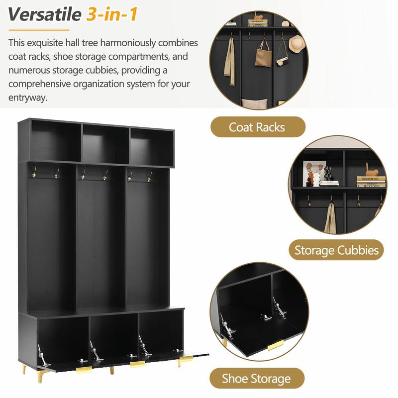Modern Storage Hall Tree with Bench - Glossy Doors, 6 Gold Hooks