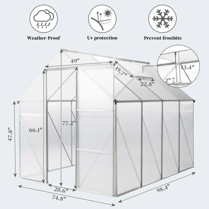 8x6 FT Walk-in Greenhouse With Sliding Door and Vent Window Grey Frame