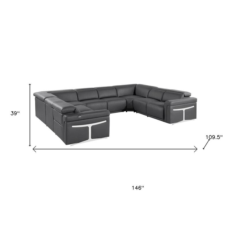 HomeRoots Dark Gray Italian Leather Power Reclining U Shaped Eight Piece Corner Sectional With Console