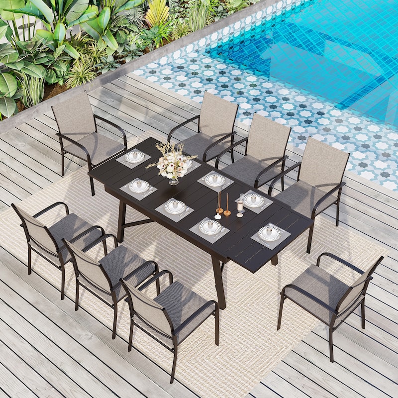 MAISON ARTS Outdoor Dining Set 7/9-Piece with Expandable Rectangular Metal Table and 6/8 Textilene Dining Chairs - 9-Piece-Brown