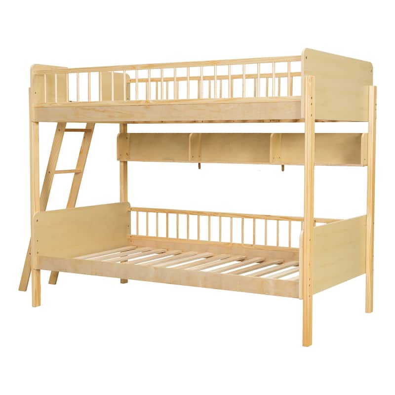 Twin Over Twin Wood Bunk Bed with 3 Storage Shelves, Reversible Ladder