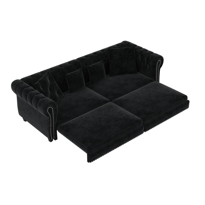3-in-1 Convertible Pull-Out Sofa Bed w/ Movable Ottoman & 4 Pillows, Velvet Upholstered Rolled Arms Sleeper Couch for Apartment