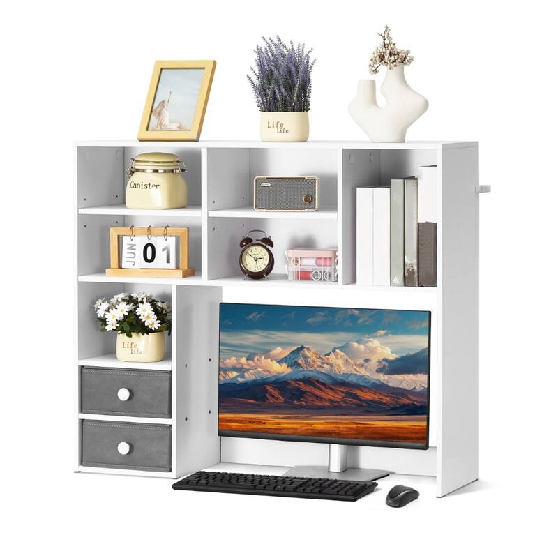 Particle Board Desktop Bookshelf Hutch, 3-Shelf Organizer and Office Storage Rack - 37.0" L x 10.0" W x 31.1" H