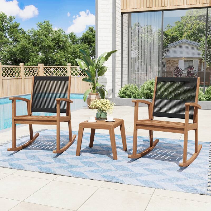 Outdoor Acacia Wood Rocking Chair Set with Side Table